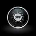 SPF sun health icon inside round silver and black emblem Royalty Free Stock Photo