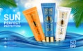 SPF and UV protect. Sun Cosmetics Protection Sunscreen Product Ads. Sunblock Cosmetic 3D Realistic Packaging Mockup