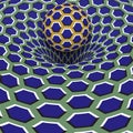 Sphere above blue hexagons hole. Optical motion illusion illustration