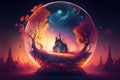 A sphere with castle and trees inside it. Magical unknown world. AI Generated. Royalty Free Stock Photo