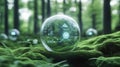 Sphere with digital interface floats above lush green moss in a serene forest, AI Royalty Free Stock Photo