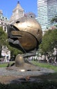 The Sphere and the Eternal Flame in memory of the tragedy of September 11, 2001. Battery Park, New York. Royalty Free Stock Photo