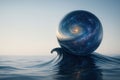 A sphere with a galaxy resting on top of a sea wave. Space for text. Royalty Free Stock Photo