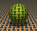 Sphere hovers above the surface. Abstract objects with bow shapes pattern. Vector optical illusion illustration