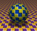 Sphere hovers above the surface. Abstract objects with polygons shapes pattern. Vector optical illusion illustration