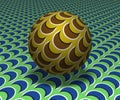 Sphere hovers above the surface. Abstract objects with sickle shapes pattern. Vector optical illusion illustration