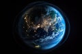 Sphere of nightly Earth planet in outer space. City lights on planet. Generative Ai.