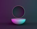 Sphere and round display podium pedestal on studio dark blue pink lighting minimal background, neon flourescent. Design creative c