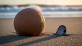 Sphere shaped object and a half buried mussel shell on sandy beach during Royalty Free Stock Photo