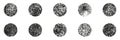 Sphere Spray Collection. Grunge Effect, Grainy Dotted Texture. Grain Noise Round Set. Abstract Circle Design Element