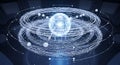 Futuristic glowing sphere surrounded by orbiting rings and particles in a dark space Royalty Free Stock Photo