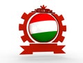 Cogwheel shaped emblem with flag