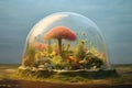 Sphere with wonderful, unusual, fabulous, colorful plants in glass flask on the sky background. Mini ecosystem in glass