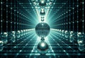 Spheres aligned in a grid, receding into a vanishing point with teal lighting Royalty Free Stock Photo
