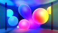 Spheres or balls in room merge like liquid wax drops or metaballs in-air. Liquid gradient of rainbow colors on drops Royalty Free Stock Photo