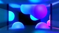 Spheres or balls in room merge like liquid wax drops or metaballs in-air. Liquid gradient of rainbow colors on drops Royalty Free Stock Photo
