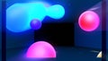 3d render. Spheres or balls in room merge like liquid wax drops or metaballs in-air. Liquid gradient of rainbow colors Royalty Free Stock Photo