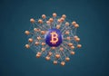 Spheres with Bitcoin symbols orbit the central sphere, all interconnecte Royalty Free Stock Photo