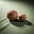Spheres of different sizes with cracked textures are set against a green Royalty Free Stock Photo