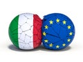 Spheres with the flags of Italy and Europe that collide and break
