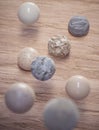 Spheres shiny, fuzzy, stone, matte on wood wallpaper