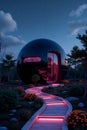 Black spherical house with illuminated path at night â Wallpaper design â Harmonious background Royalty Free Stock Photo