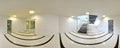 Spherical 360 degrees panorama projection, in interior empty long corridor with doors and entrances to different rooms and lift.