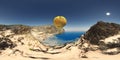 Spherical 360 degrees seamless panorama a with fantasy hot air balloon over a coastal landscape