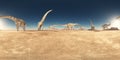 Spherical 360 degrees seamless panorama with a group of dinosaurs in a desert