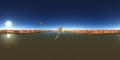 Spherical 360 degrees seamless panorama with the pterosaur Peteinosaurus over a desert oasis