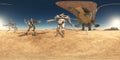 Spherical 360 degrees seamless panorama with robots and spaceship in a desert