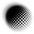 Spherical distortion halftone dots element. Orb, ball deform on bulge, bump speckles, polka-dots and screentone.Pointillist,