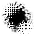 Spherical distortion halftone dots element. Orb, ball deform on bulge, bump speckles, polka-dots and screentone.Pointillist,