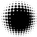 Spherical distortion halftone dots element. Orb, ball deform on bulge, bump speckles, polka-dots and screentone.Pointillist,