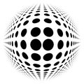 Spherical distortion halftone dots element. Orb, ball deform on bulge, bump speckles, polka-dots and screentone.Pointillist,