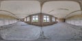 Spherical 360 hdri panorama in abandoned interior of large empty room as warehouse, hangar or gallary and windows with broken Royalty Free Stock Photo