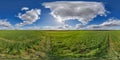 spherical 360 hdri panorama among green grass farming field with cirrus clouds on blue sky in equirectangular seamless projection Royalty Free Stock Photo