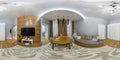 Spherical hdri 360 panorama in interior of vip guest room hall in apartment or hotel with sofa table armchairs and tv in