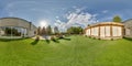 spherical 360 hdri panorama place for relaxation and yoga on roof of building with green grass in equirectangular seamless