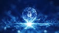 Spherical interconnected polygons, with a large padlock inside, prominent in the center, light below. Binary code polygons and Royalty Free Stock Photo