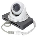 Spherical IP security camera and router on white