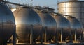 Spherical metal storage tanks with a reflective surface stand in a row, supported by Royalty Free Stock Photo