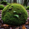 A spherical moss-covered stone in a forest setting forms the focal point. The moss (likely Bryophyta Royalty Free Stock Photo
