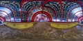 Spherical night 360 panorama in festively lit underground passage tunnel with red frame arch and transparent dome and concrete