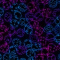 Spherical objects with intricate neon-like patterns in vibrant blue and pink against
