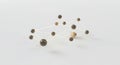 Spherical objects of varying sizes are interconnected by straight, thin lines,