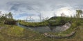 Spherical panorama of abandoned shacks in Gohkasjohka dekta, Norrbotten, Sweden. Equirectangular projection is used