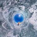 The spherical polar panorama of 360 people at the rock on the ice of Lake Baikal. Little planet Royalty Free Stock Photo