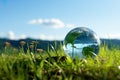 spherical representation of the Earth, adorned with a world map, rests on lush green grass. Royalty Free Stock Photo