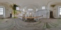 Spherical seamless hdri 360 panorama view inside of empty concrete structures of abandoned ruined building of church with white